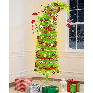 Krelymics 6FT Whimsical Christmas Tree with 200 LED Lights Remote Control & Timer, Artificial Bendable Christmas Tree with DIY Ornaments, Lime Green Xmas Tree with Metal Base