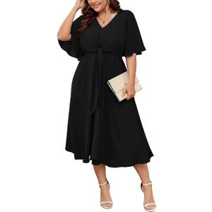 SCOMCHIC Women Plus Size Midi Dresses Wedding Guest Short Sleeve V Neck Tie Waist Casual Summer Flowy A Line Dress (Black, XXXL)
