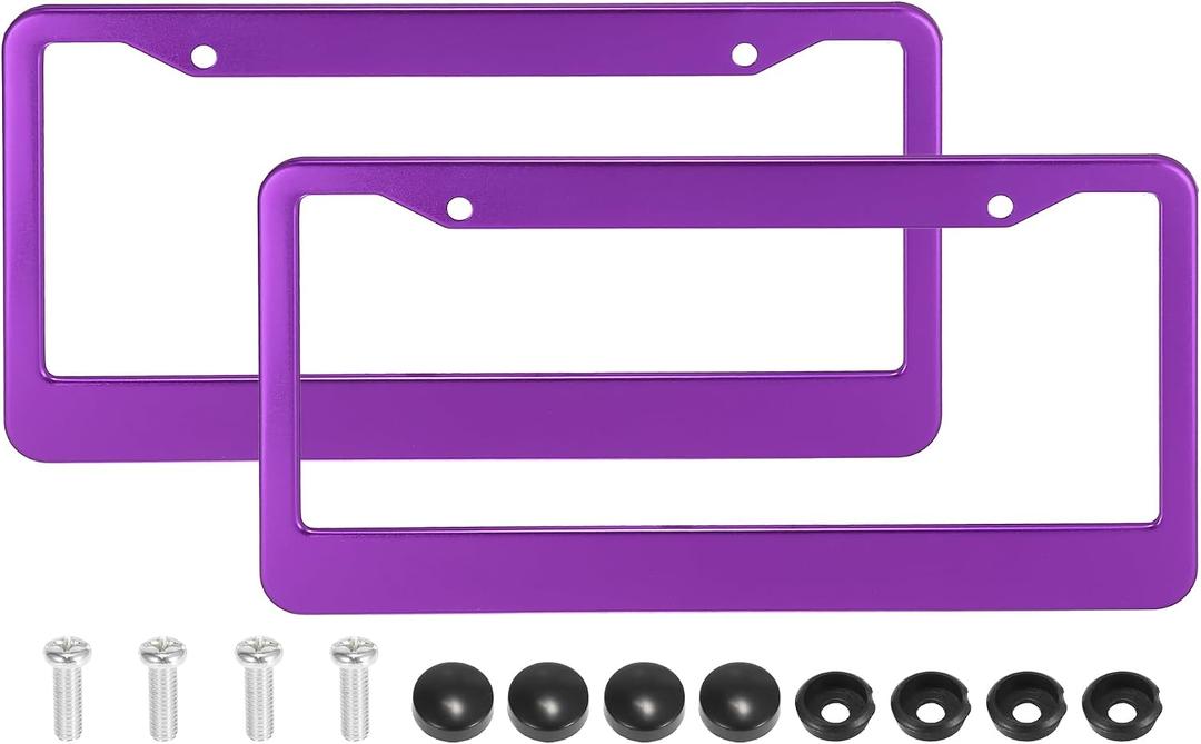 X AUTOHAUX 2pcs Aluminum Alloy License Plate Frame Cover 2 Hole for Car Front Rear License Plate Holder with Screws Caps Purple Plate Mounting