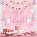 Trgowaul 21st Birthday Decorations for her, Pastel Light Pink and White Happy 21st Birthday Supplies for Girls, 21 Sash and Crown, Banner, Fringe Curtains, Cake Topper, 21 Year Old Party Supplies Set