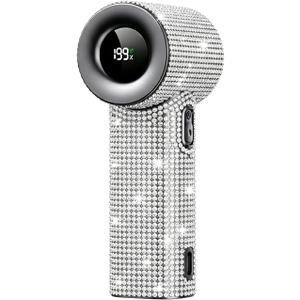 Portable Handheld Fan, Luxury Diamond Turbo Mini Fan with Digital Display, 5 Speeds USB-C Rechargeable Personal Fan for Women Men, Small Pocket Fan for Travel, Makeup, Outdoor (Sparkling-Black)