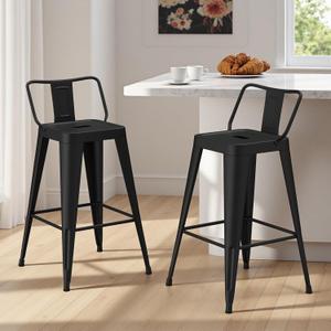 Metal Bar Stools Set of 2, Counter Height Stools with Removable Back, Sturdy Black Barstools for Kitchen Island, 30 Inch
