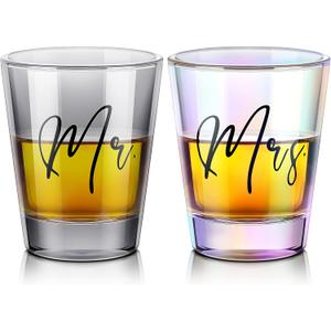 Sumind 2 Pcs Mr and Mrs Bride and Groom Wedding Glasses Funny Bride 2 oz Mr and Mrs Engagement Gift Stemless Glass for Newlyweds Couples(Black Lettering, 1 Dark Tan and 1 Clear)