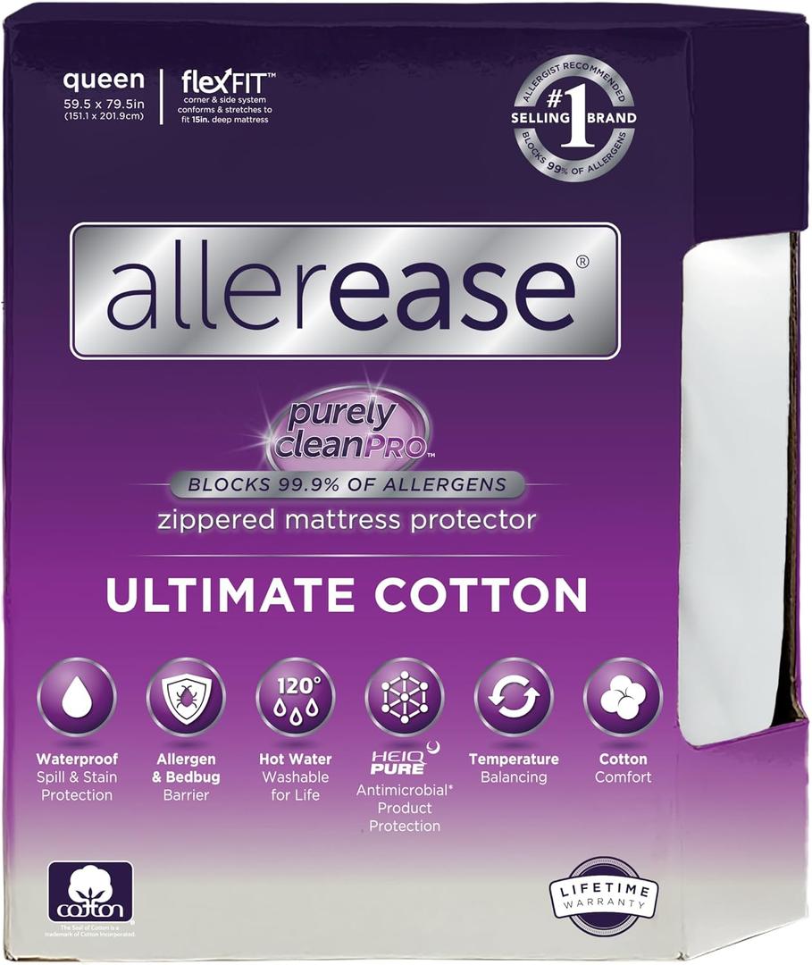 AllerEase Ultimate Allergy Protection and Comfort Zippered Mattress Protector Queen, White