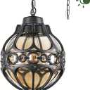 Dusk to Dawn Outdoor Pendant Lighting for Porch, Black Aluminum Anti-Rust Hanging Lights Fixture, Adjustable Globe Outside Lantern Ceiling Mount, Industrial Exterior Chandelier, Amber Glass (13"(H)-1 Pack)
