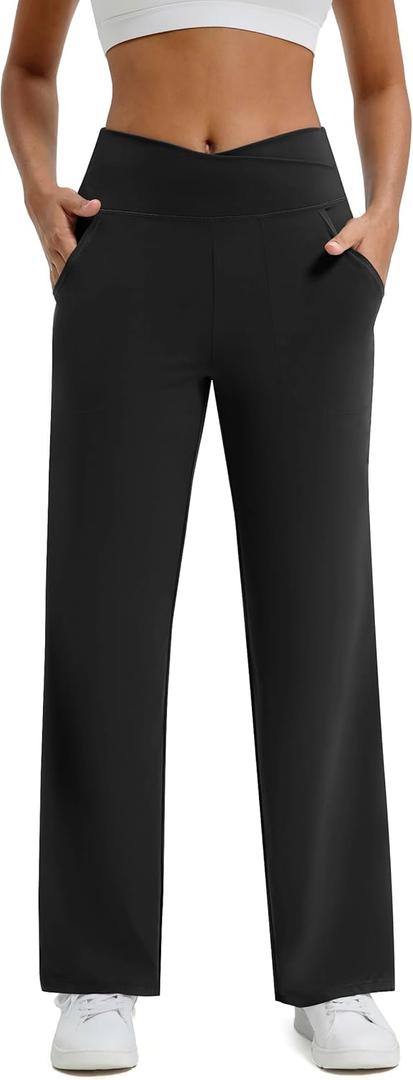 Maxbee Wide Leg Pants for Women Casual Work Pants Crossover High Waisted Yoga Pants with Pockets (Small, Black)