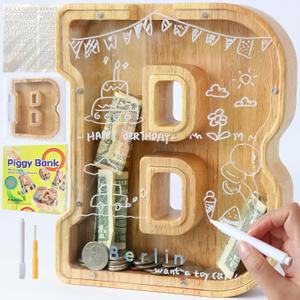 Large Letter Piggy Bank for Kids Boys Girls Wooden Personalized Piggy Banks A-Z with Target Area Clear Alphabet Banknote Coin Banks for Gift Decoration Baptism (B)