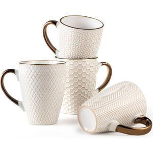 Gooditour Ceramic Coffee Mug Set - 16 Oz Large Coffee Mugs - Embossed Stoneware Cups with Handle for Latte Tea Cappuccino Cocoa - Microwave Dishwasher Safe - Set of 4 - White