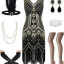1920s Great Gatsby Dresses for Women, Roaring 20s Flapper Dresses for Women Sequin Fringe Set Costumes Accessories (Medium, Black Gold)