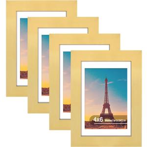 4x6 Picture Frame Set of 4, High Definition Real Glass, Display Pictures 3.5x5 with Mat or 4x6 Without Mat, Gallery Wall Hanging or Tabletop Photo Frames, Gold