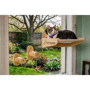 Cat Window Perch for Indoor Cats  2-in-1 Solid Wood Cat Hammock Window Seat & Wall Mount with 9 Suction Cups, Climbing Steps + Hanging Toy  Supports 40 lbs, Bird Watching & Sunbathing