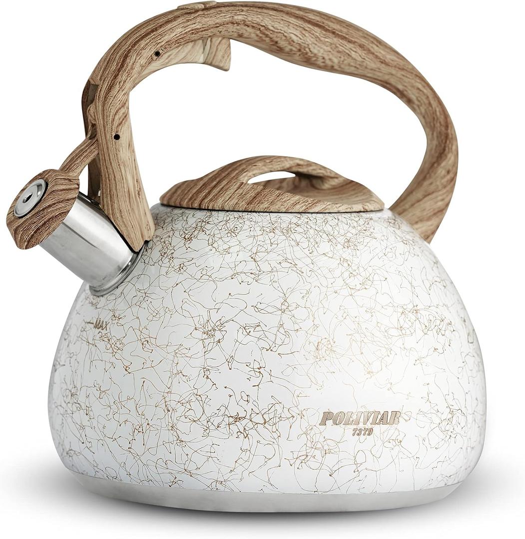 POLIVIAR Tea Kettle, Iron Grey Tea Pot Stovetop, 2.7 Quart Loud Whistling Coffee and Teapot, Food Grade Stainless Steel for Anti-Hot Handle and No-Rust, Suitable for All Heat Sources (JX2020-YB30) (White Gold)