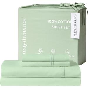 Full Size Sheet Set, 500 TC Single-Ply Cotton Sateen, 4-Piece, Sage | 18-Inch Deep Pocket Design Stays Secure while 100% Natural Cotton Feels Soft, Smooth and Breathable through Every Season