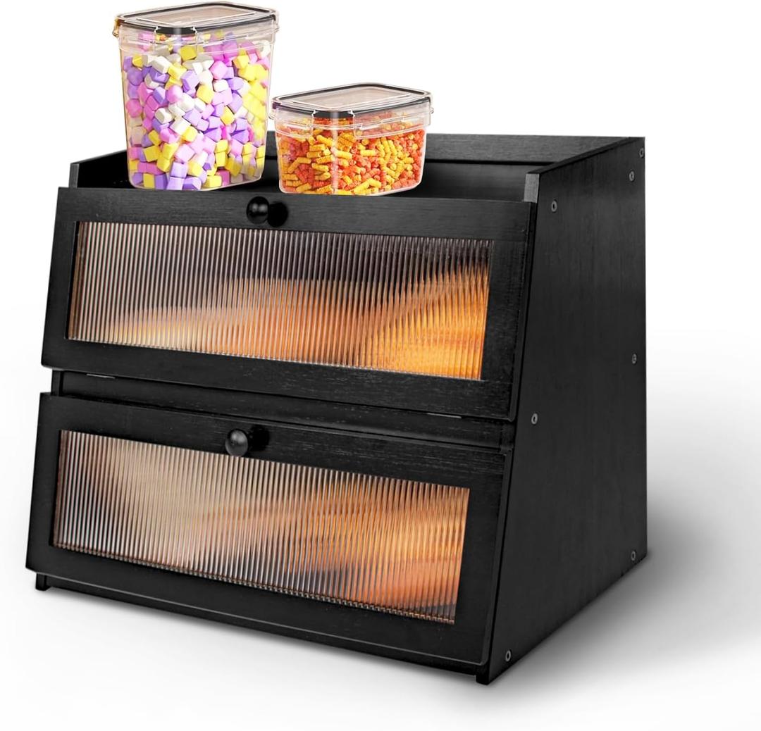 Pure Bamboo Bread Box, Roomy Bread Storage Container, Keeps Homemade Bread Fresh and soft, Easy to Assembly Breadbox for Kitchen Countertop (Black)