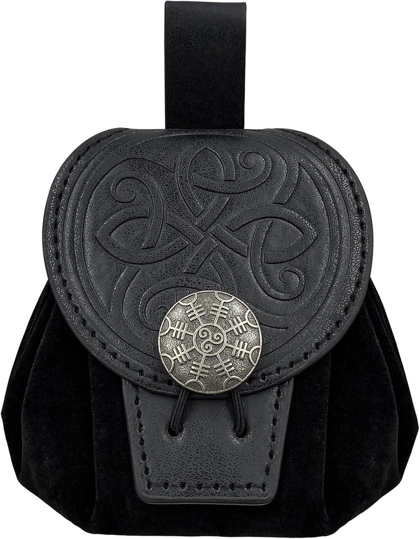 HiiFeuer Medieval Embossed Faux Leather Belt Pouch, Retro Renaissance Portable Belt Bag Coin Purse Dice Bag for LARP Ren Faire (Black B)