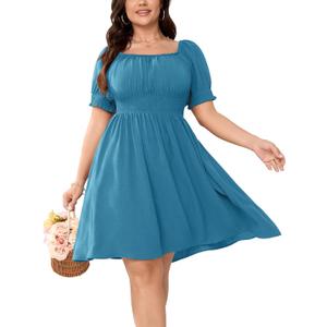 Women Plus Size Square Neck Mini Dress Puff Sleeve Smocked Flowy A-Line Boho Casual Short Dresses (Sky Blue), Size: XX-Large Plus