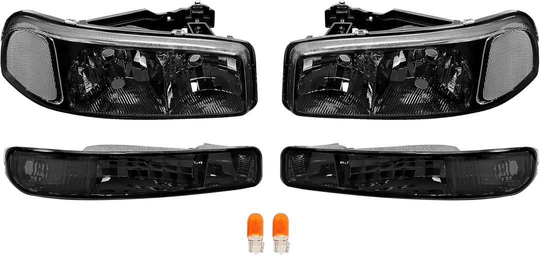 HECASA Pair Headlights+Corner Lights Assembly Compatible with 1999-2007 GMC Sierra 1500/2500/3500/C3/Yukon/Yukon XL 1500/2500 Headlamp Front Light Lamp - Clear Lens Black Housing Clear Corner Lamp