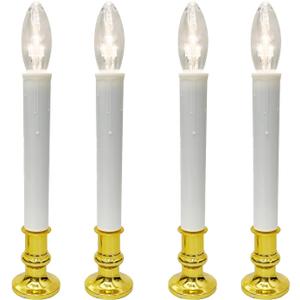 4 Pack Christmas Window Candle Lamp, Ultra Bright LED Window Candles with 3V C26 Clear Torpedo Tip Bulbs, Battery Operated, Metal Base, White Candlestick with Suction Cup (Gold)