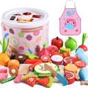 WHOHOLL Wooden Play Food Toys for Kids Kitchen Playset, Play Kitchen Accessories with Apron Pretend Cutting Food Montessori Toys for 3+ Year Old Girls and Boys