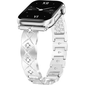 JR.DM Silver Watch Band Women Compatible with Apple Watch 38mm 40mm 41mm 42m 44mm 45mm 46mm 49mm Elegant Bling Diamond Metal Jewelry Adjustable Strap for iWatch Series 11/10/9/8/SE/7/6/5/4/3/2/1 SE