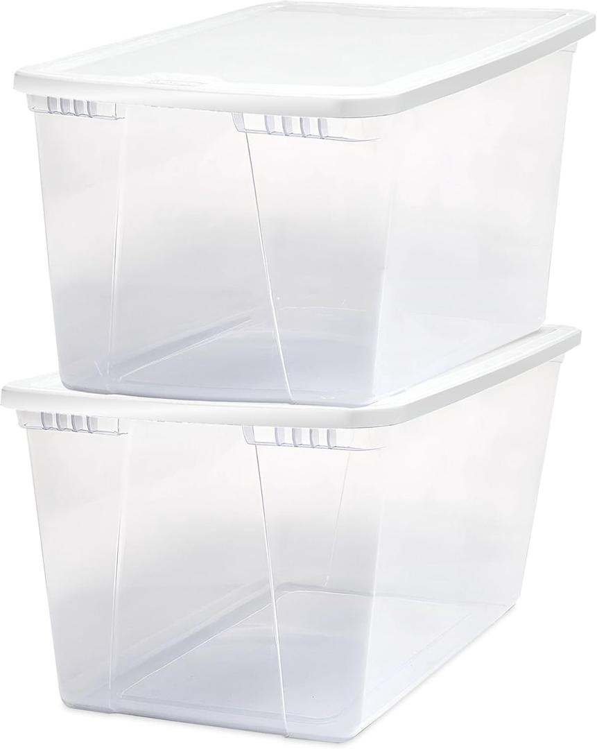 HOMZ 2-Pack Snaplock, Large Clear Plastic Storage Bins with Lids, 56 Quart, White