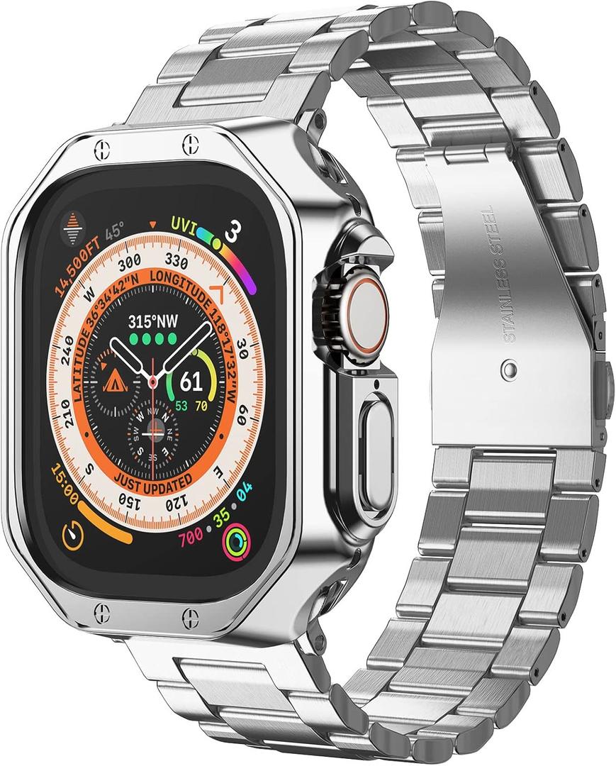 Compatible with Apple Watch Ultra 3/2/1 Band and Case, Stainless Steel Metal Chain with TPU Cover, Smart-Watch Link Bracelet Strap for men, Wrist-Band for i-Watch Ultra, 49mm, Silver