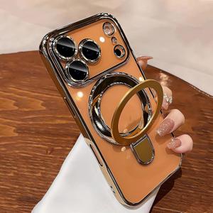 Case for iPhone 17 Pro Max with Magnetic Stand [Compatible with MagSafe] [Full Camera Lens Protector] Luxury Plating Shockproof Clear Phone Case for iPhone 17 Pro Max 6.9", Titanium Gold