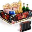 Reusable Movie Night Supplies Snack Tray with Handles and 3 Large Compartments, Wooden Movie Night Gift Basket for Theater Popcorn Bucket, Snack Organizer Box for Home Theater Party Christmas