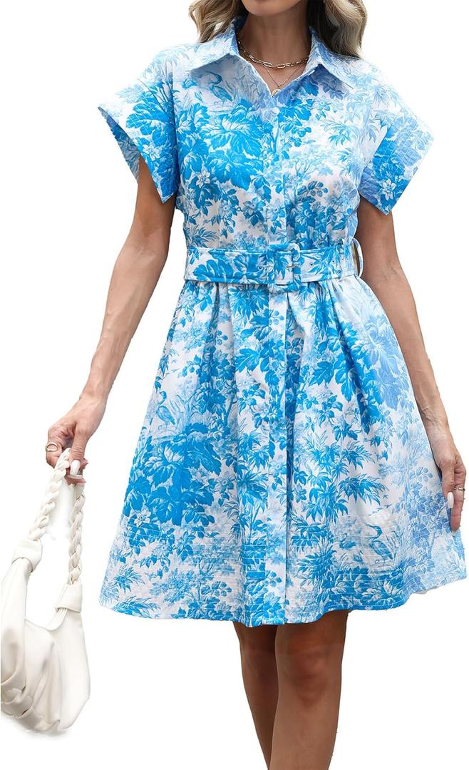 Women's Button Down Shirt Dress Floral Printed V-Neck Turn Down Short Sleeve Mini Casual Trench Coat Formal Blue, Medium