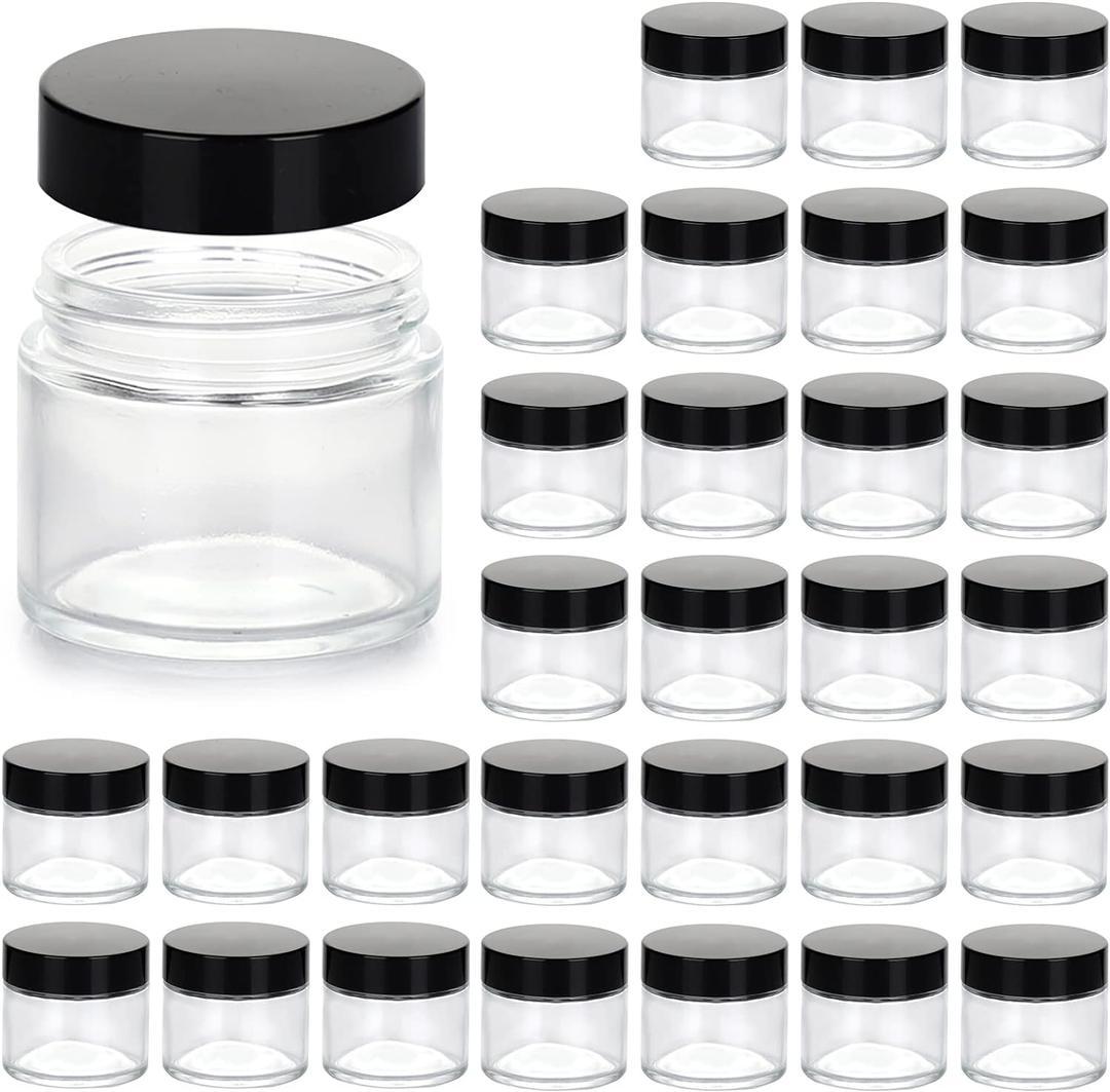 2oz Jars with Lids, HOA Kinh 30 Pack Clear Glass Jars Empty Cosmetic Containers Round Airtight Glass Jar with Inner Liners and black Lids for Storing Lotions, Powders, and Ointments (2oz, Clear)