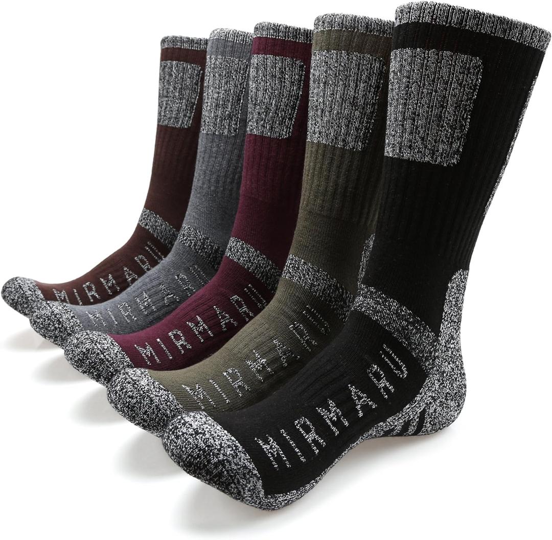 MIRMARU Men's 5 Pairs Multi Performance Outdoor Sports Hiking Trekking Crew Socks (Large-X-Large, 1 X Black, 1 X Charcoal, 1 X Olive, 1 X Purple, 1 X Brown)