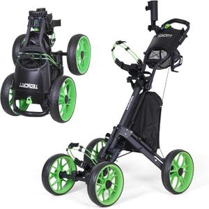 4 Wheel Golf Push Cart: Lightweight Compact Folding Golf Trolley, Pull Behind Manual Golf Caddy with Cup, Phone & Umbrella Holder, Foot Brake (Lime Green)