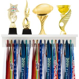 Threehoney Wooden Medal Hanger Display Trophy Holder Shelf with 25/37/49/65/83 Hooks Wall Mount Ribbon Holder Gift for Gymnastics Running Soccer Awards