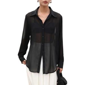 Arssm Women Sheer Button Up Blouse Mesh Long Sleeve Sexy See Through Tops Fashion Trendy Mesh Shirts Tops (Large, Black)