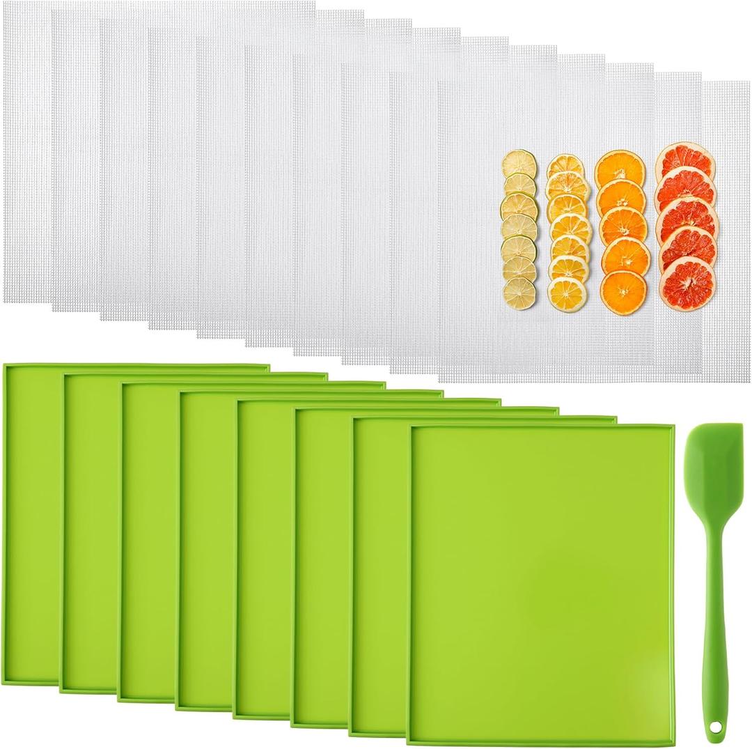 Thenshop 8 Silicone Dehydrator Mats & 10 Mesh Dryer Mats and 1 Baking Scraper, Reusable Non Stick Silicone Dehydrator Tray with Edge for Baking Fruits Meat Vegetables(Green)