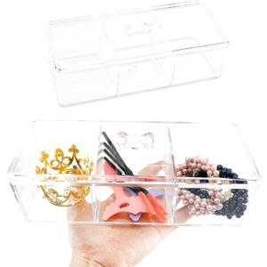 Transparent Acrylic Dresser Storage Box, Mirror Cabinet Drawer Storage Partition Box with Lid, 3 Divided Compartments Holder Dispenser for Cotton Swab Lipstick Cotton Pad