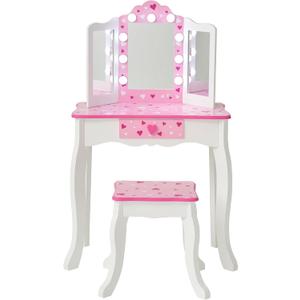 Teamson Kids Vanity Set for Girls with LED Lights, Tri-Fold Mirror, Stool & Drawer, Pretend Makeup Table for Toddlers, Heart Design, Wooden White Pink Princess Play Furniture, Ages 3+