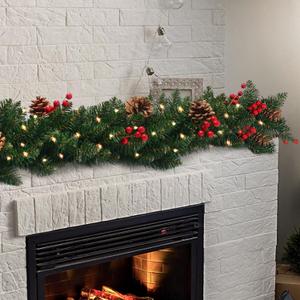 Pre-lit 9ft Christmas Garland with Red Berries and Pine Cones and 50 Battery Operated Soft White LED Lights with Timer, Artificial Holiday Decoration Door Outdoor (Red)
