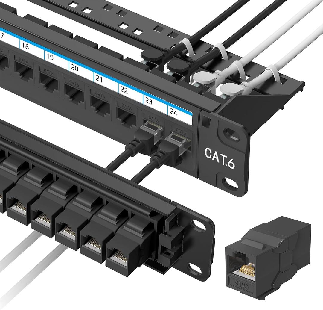 Jadaol [UL Listed] 24 Port Patch Panel Rackmount or Wall Mount 19-Inch, 1U Cat 6 Network Panel Preloaded with 24 Keystone Couplers Plus 1 Spare, 10Gbps Ethernet Panel with Cable Management & Back Bar