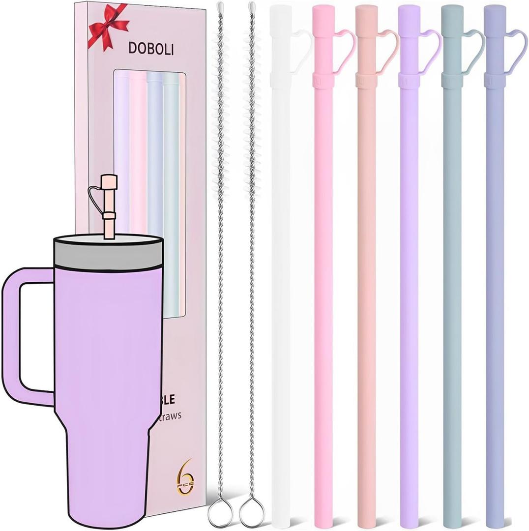 Reusable Replacement 12 inch Long Silicone Straw With Cover, Stocking Stuffers Gifts for Women Men Teens Girls Boys, Compatible with Stanley Tumbler Cup Accessorie 40 oz 30 oz (6 Pack)
