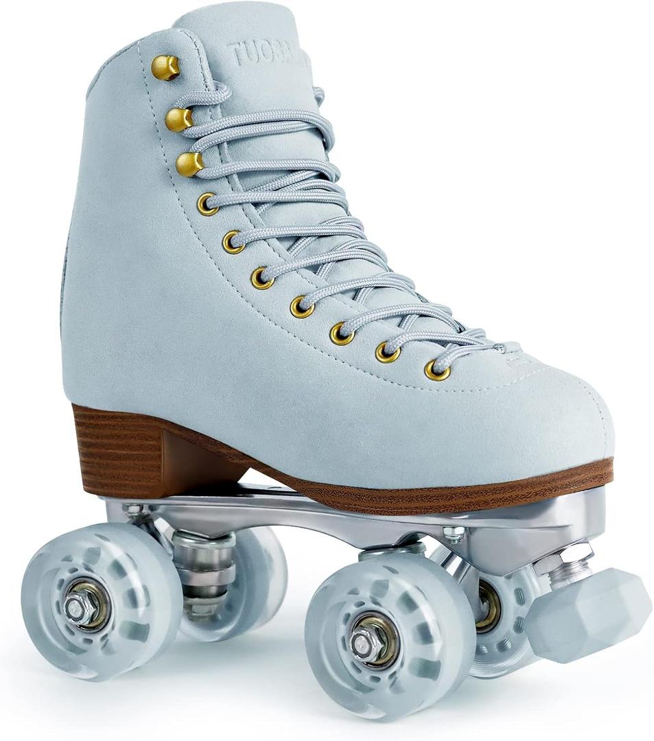 Roller Skates for Women or Men with Height Adjustable Rubber Stoppers Retro Suede Quad Roller Skates for Outdoor and Indoor (9, Blue)