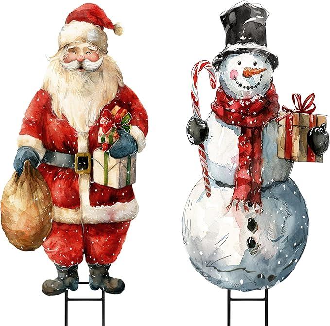 Christmas Decorations Outdoor, 2pcs Large Rustic Santa Claus Snowman Yard Metal Stakes Xmas Decor, 37" Vintage Winter Signs for Lawn Front Door Garden Home Farmhouse Porch Outside