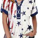 VILOVE American Flag Shirt Tops Women 4th of July T-Shirts Ring Hole Star Stripes USA Short Sleeve V-Neck Patriotic Tees (S)