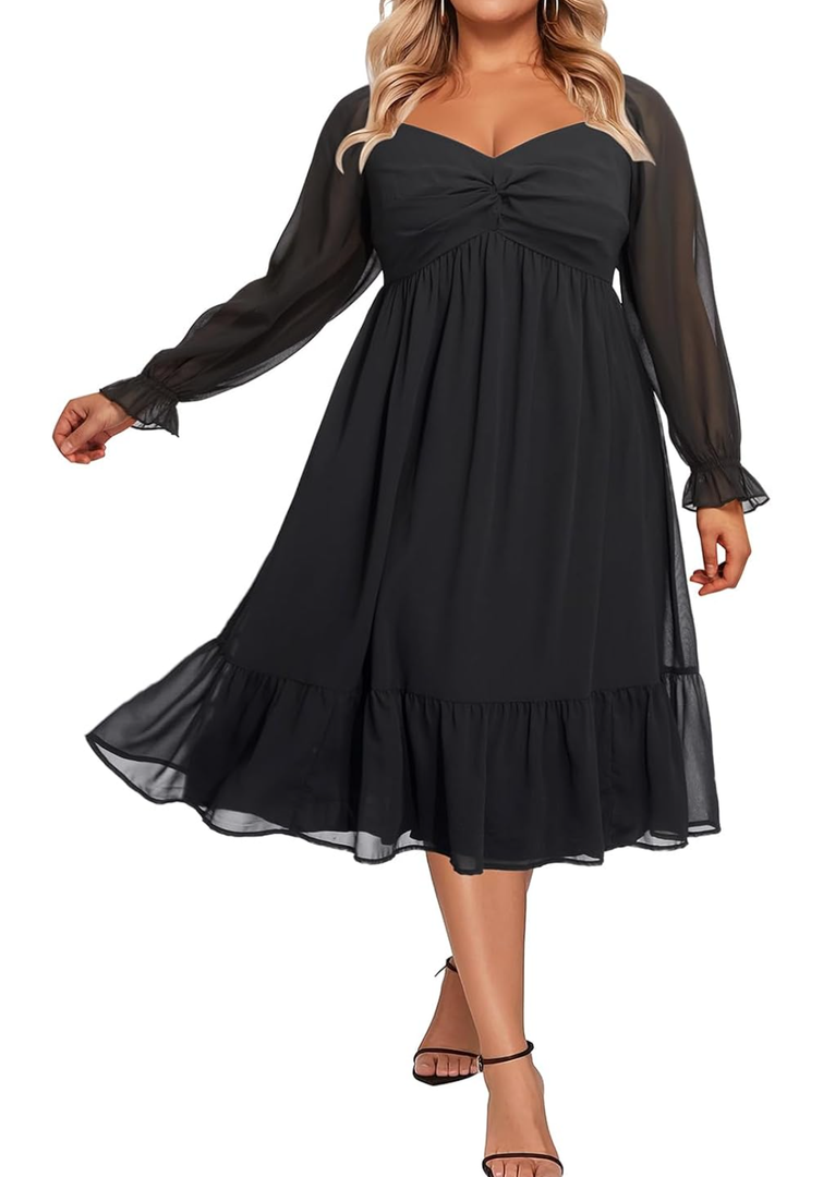 Talisea Plus Size Graduation White Dress Long Sleeves Bride Shower Chiffon Party Cocktail A Line Curvy Womens Midi Dress, 24W, Black