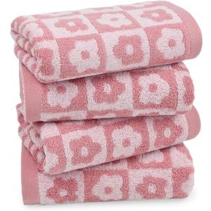 Jacquotha Cotton Hand Towels Pink Checkered Floral - Quick Drying Hand Towel Set of 4, for Women Girls Summer Bathroom Decor, 29 x 13