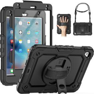 SEYMAC for iPad mini 5/ Mini 4 Case 7.9 Inch, Sturdy Heavy Duty Shockproof Full-Body Protective Case with Screen Protector, Rotating Stand, Hand/Shoulder Strap for iPad mini 5th/4th Gen, Black