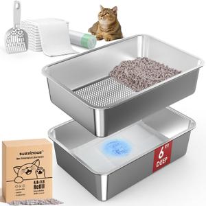 19.7''x13.7''x6'' Suzzipaws Stainless Steel Sifting Litter Box, Metal Cat Litter Box for Big Cats, Sifting Litter Pan Tray for Non-Clumping Litter, Easy Cleaning, with Zeolite Cat Litter Pellets