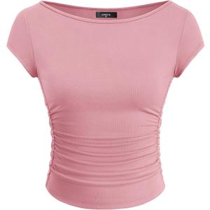 ZESICA Women's Summer Boat Neck Short Sleeve T Shirts 2026 Spring Slim Fit Y2k Going Out Crop Tops Basic Trendy Outfits (Pink, M)