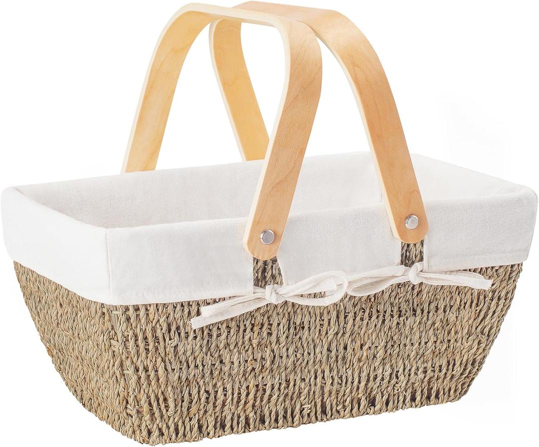 StorageWorks Wicker Basket with Handles, Wedding Decoration Woven Basket with Liner, Handcrafted Water Hyacinth Picnic Basket for Camping, Outdoor (White)