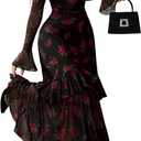 GothDark Women's Floral Mesh Dress Elegant Long Sleeve Square Neck Double Layer Ruffle Hem Casual Wedding Guest Maxi Dresses XXL